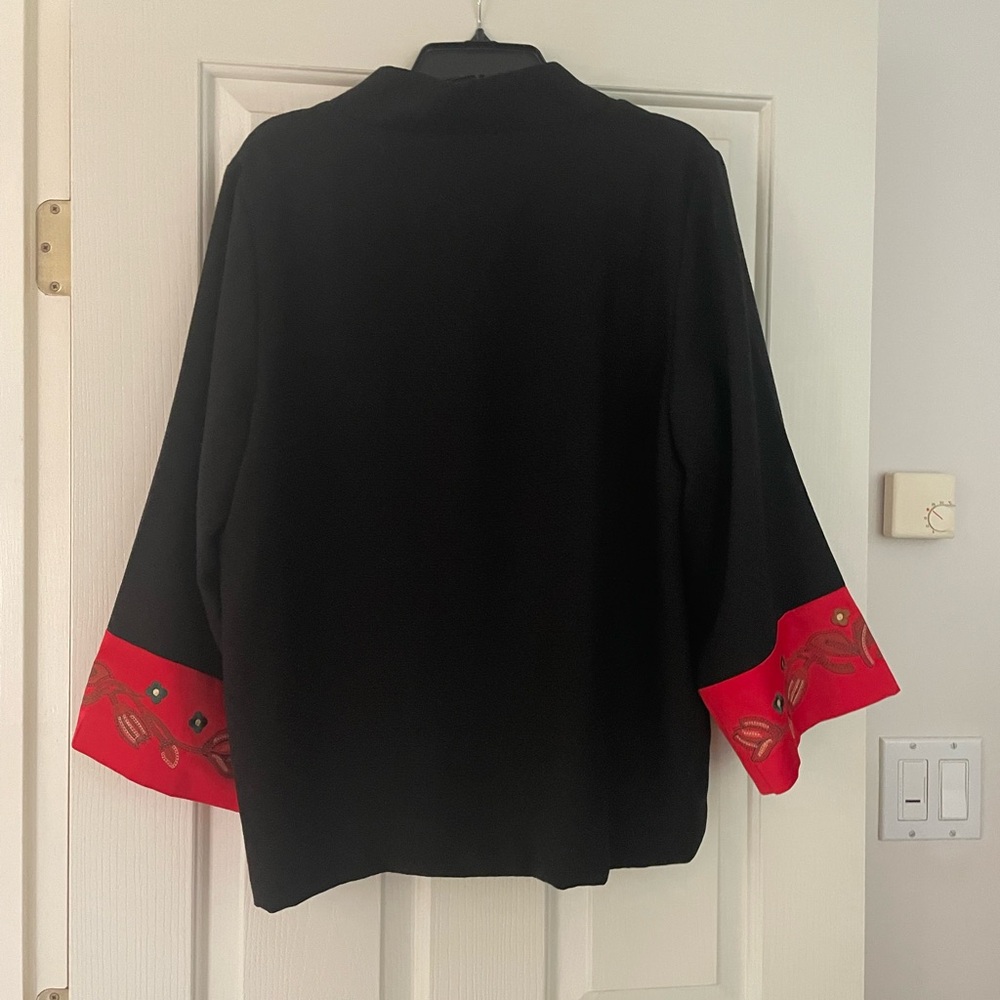 Chic Black Blazer with Red Embellished Sleeves